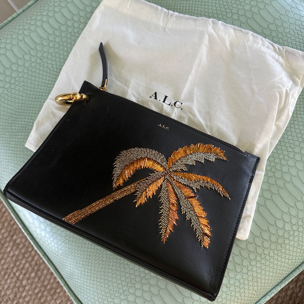 A.L.C. Black Leather Clutch with Gold Beaded Palm Tree
